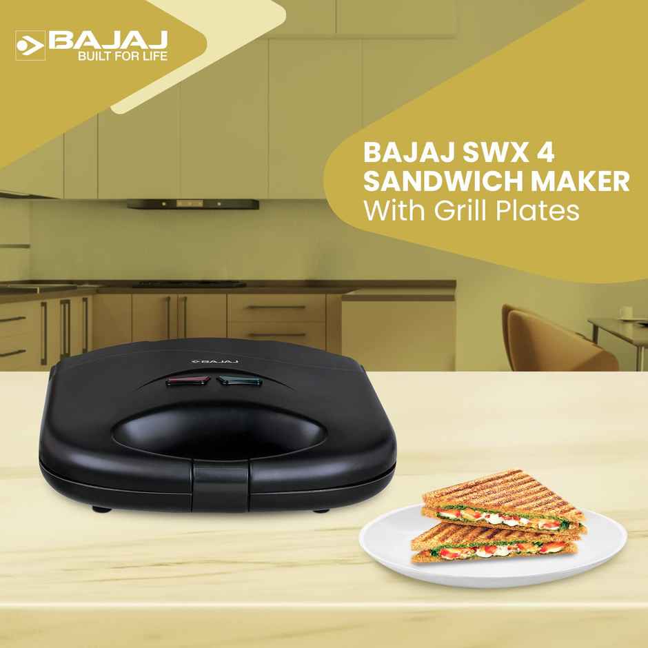 Bajaj New SWX 400 2-Slice Sandwich Grill Toaster, 800W, Non-Stick Coating Plates, Buckle Clip Handle - Black