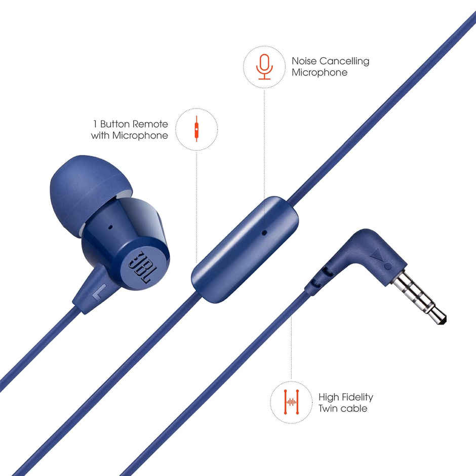 JBL C50HI, Wired in Ear Headphones with Mic, 3.5mm Audio Jack, One Button Multi-Function Remote, Lightweight & Comfortable fit - Blue