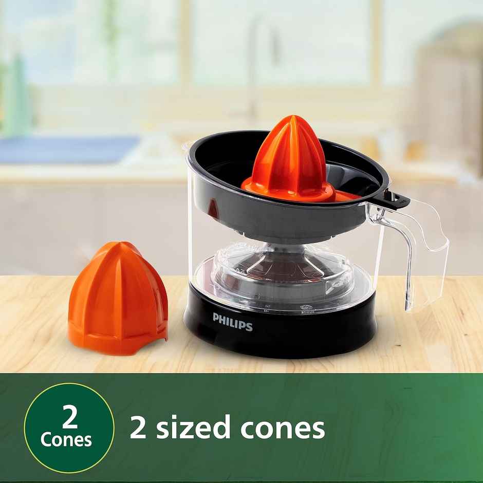 Philips HR2777/00 Citrus Press Juicer, 25 Watt, 0.5 Litre, 2 Sized Cones for different size fruit - Orange & Black