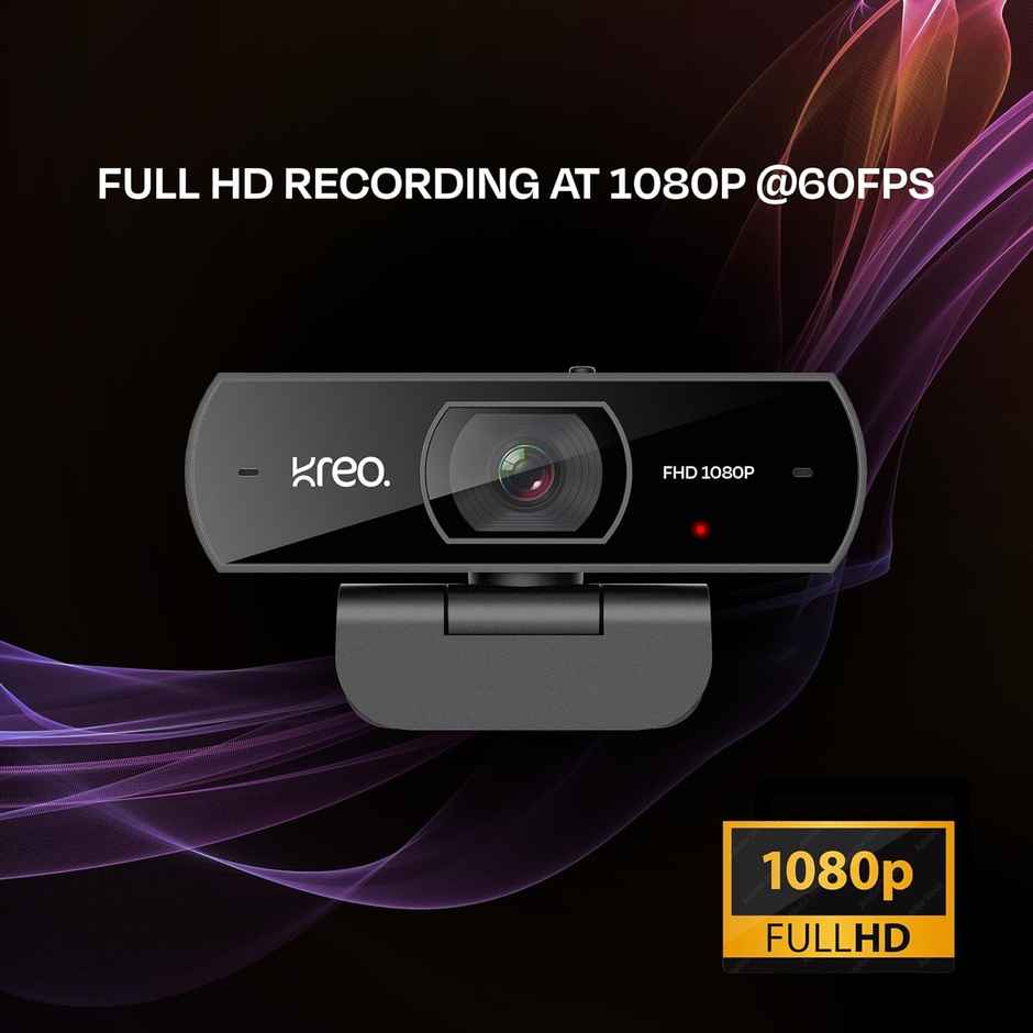 Kreo Owl Full HD Webcam with 1080P 60 FPS, Auto-Focus and Built-in Dual Digital Mic, Plug and Play Setup for Video Call, Streaming, YouTube and More (Black, Owl)