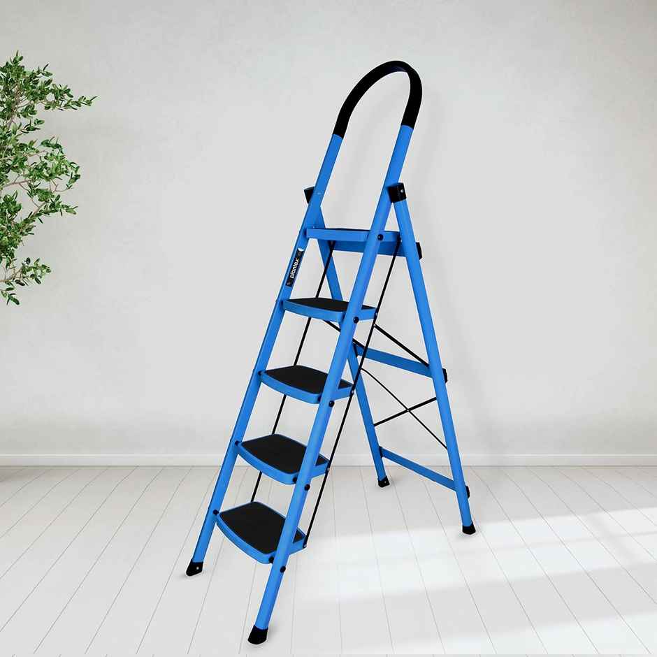 Plantex Premium Foldable 5-Step Steel Ladder for Home Use - Anti-Skid Steps, Blue and Black