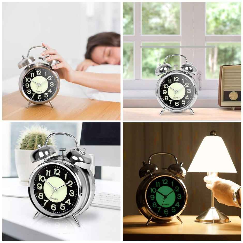 Perpetual Alarm Analog Clock | Non-Ticking Quartz with Backlight | Neon Silver - 11.4 cm