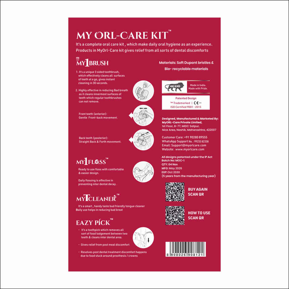 My Orl-Care Kit | 3-Sided Soft Bristle Toothbrush, Floss, Tongue Cleaner, Toothpick 