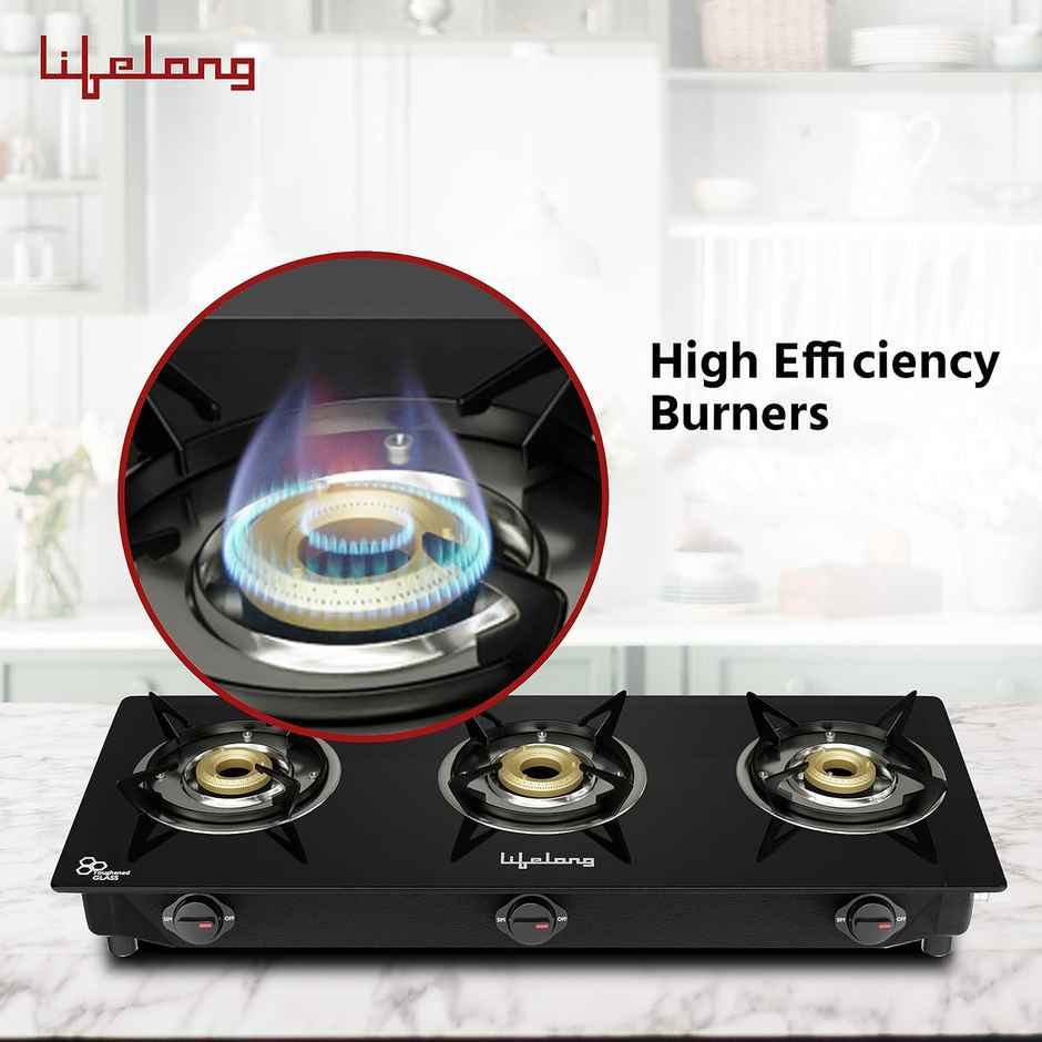 Lifelong 3 Burner Gas Stove Top -Automatic Ignition for Modular Kitchen| Compatible with LPG