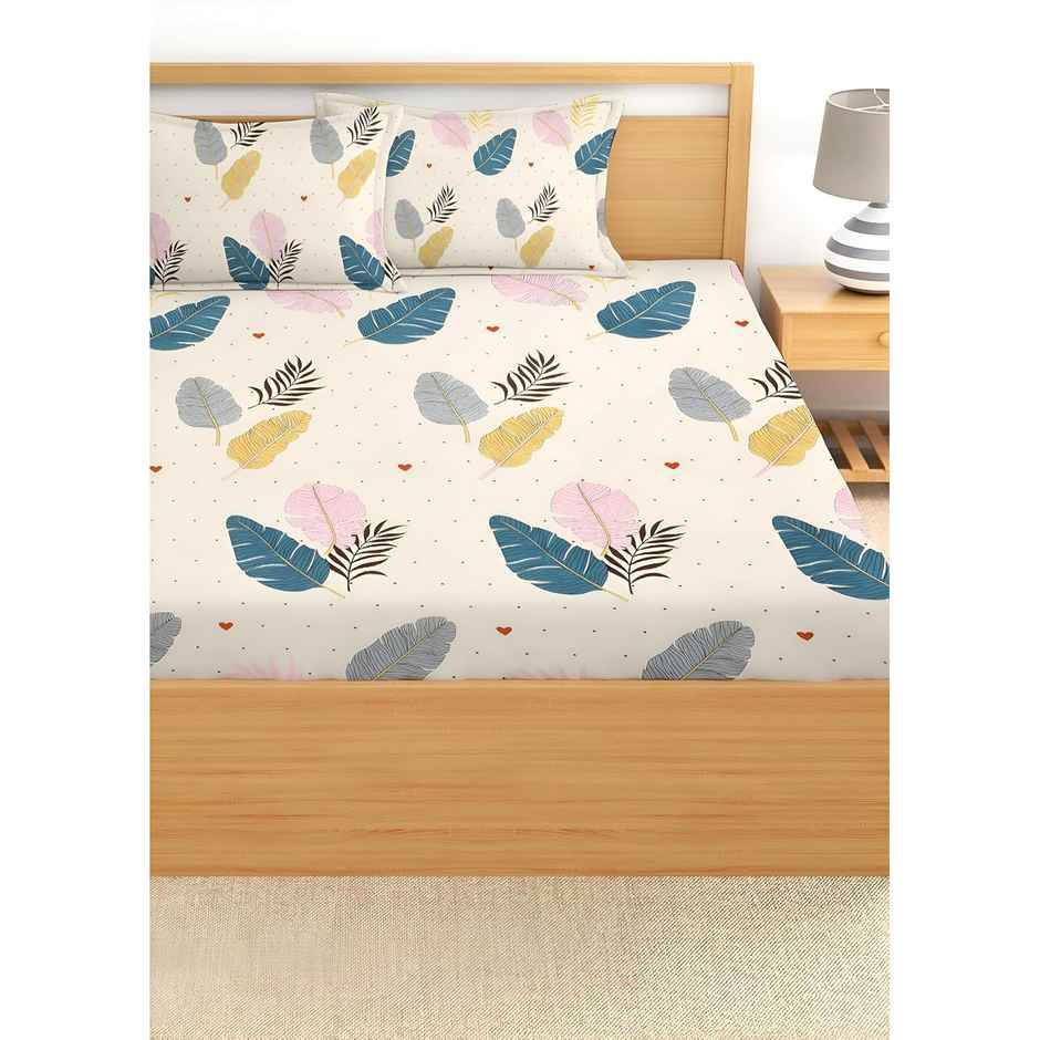 Swadeshi Style Elastic Fitted Double Cotton Bedsheet | With 2 Pillow Covers | White Floral, 87x96in