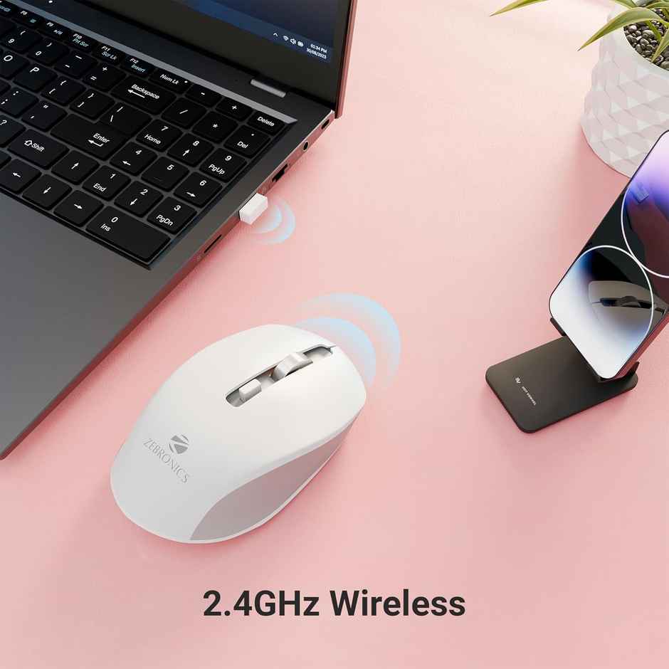 Zeb-Jaguar Wireless Mouse, 2.4Ghz With Usb Nano Receiver, High Precision 4 Buttons (White+Grey)