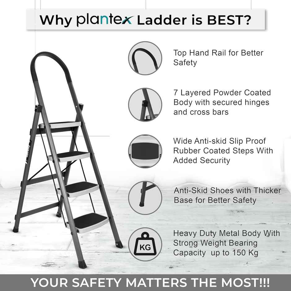 Plantex Foldable 4-Step Steel Ladder for Home with Anti-Skid Steps - Gray and White