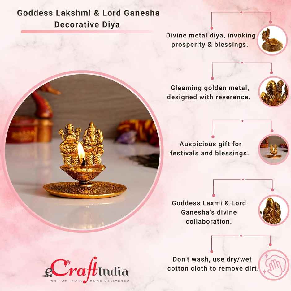 Ecraftindia Goddess Laxmi & Lord Ganesha Golden Metal Diya