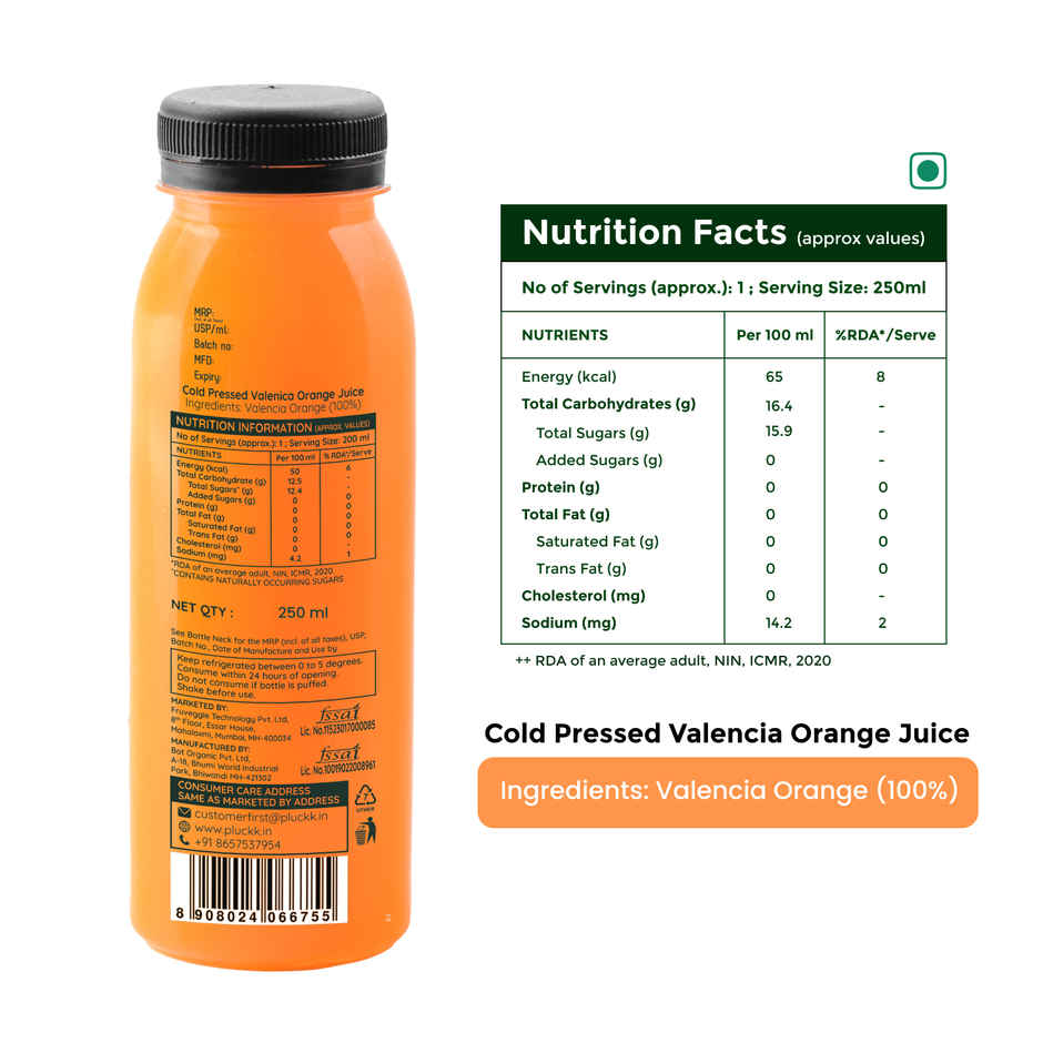 Pluckk Cold Pressed Extracted Valencia Orange Juice | No Preservatives | No Added Sugar