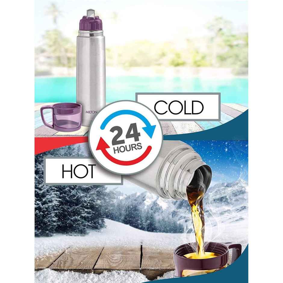 Milton Glassy 750 Thermosteel 24 Hours Hot And Cold Water Bottle With Drinking Cup Lid 750 ml, Grey