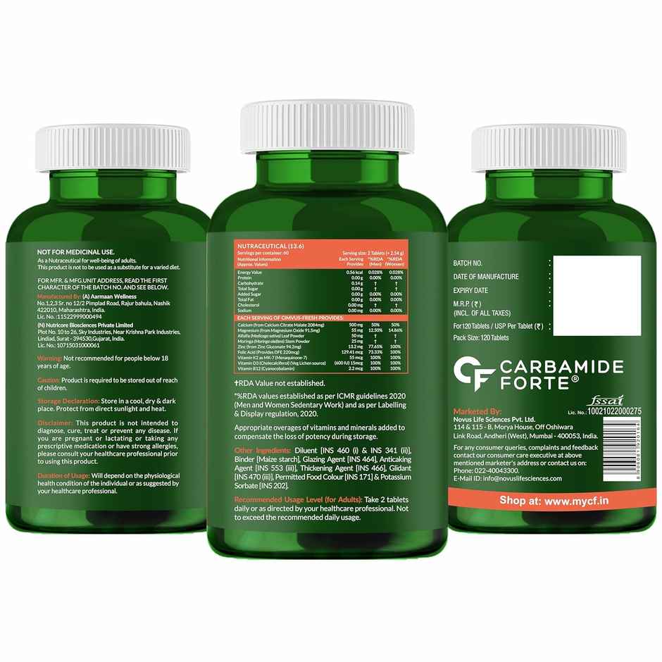 Carbamide Forte Veg Calcium And Vitamin D3 Tablets | Calcium Tablets for Women & Men Magnesium Zinc
