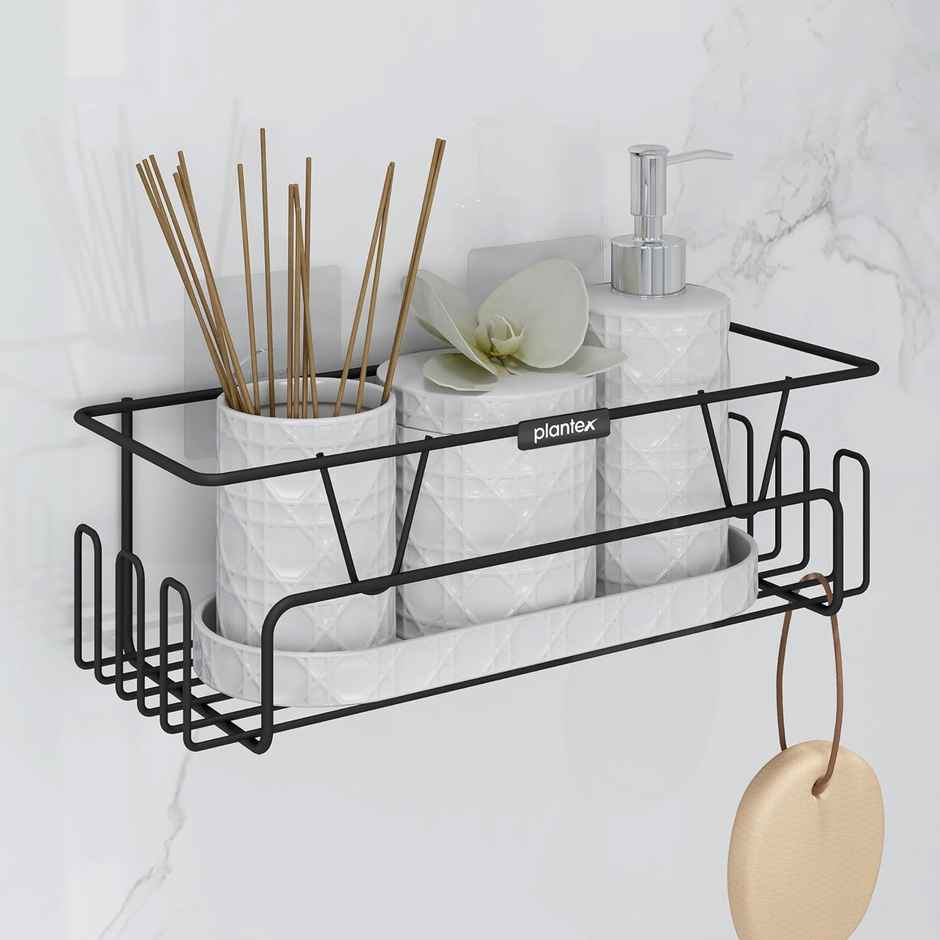 Plantex GI Steel Self-Adhesive Bathroom Shelf Organizer with Hooks - Black Powder Coated