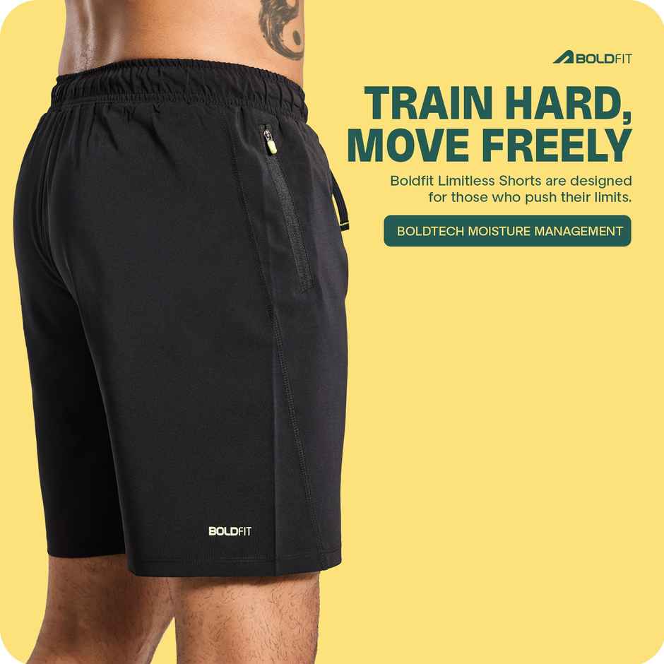 Boldfit Men's Shorts Quick Dry Workout Lightweight Outdoor Athletic Bermuda | Black - S