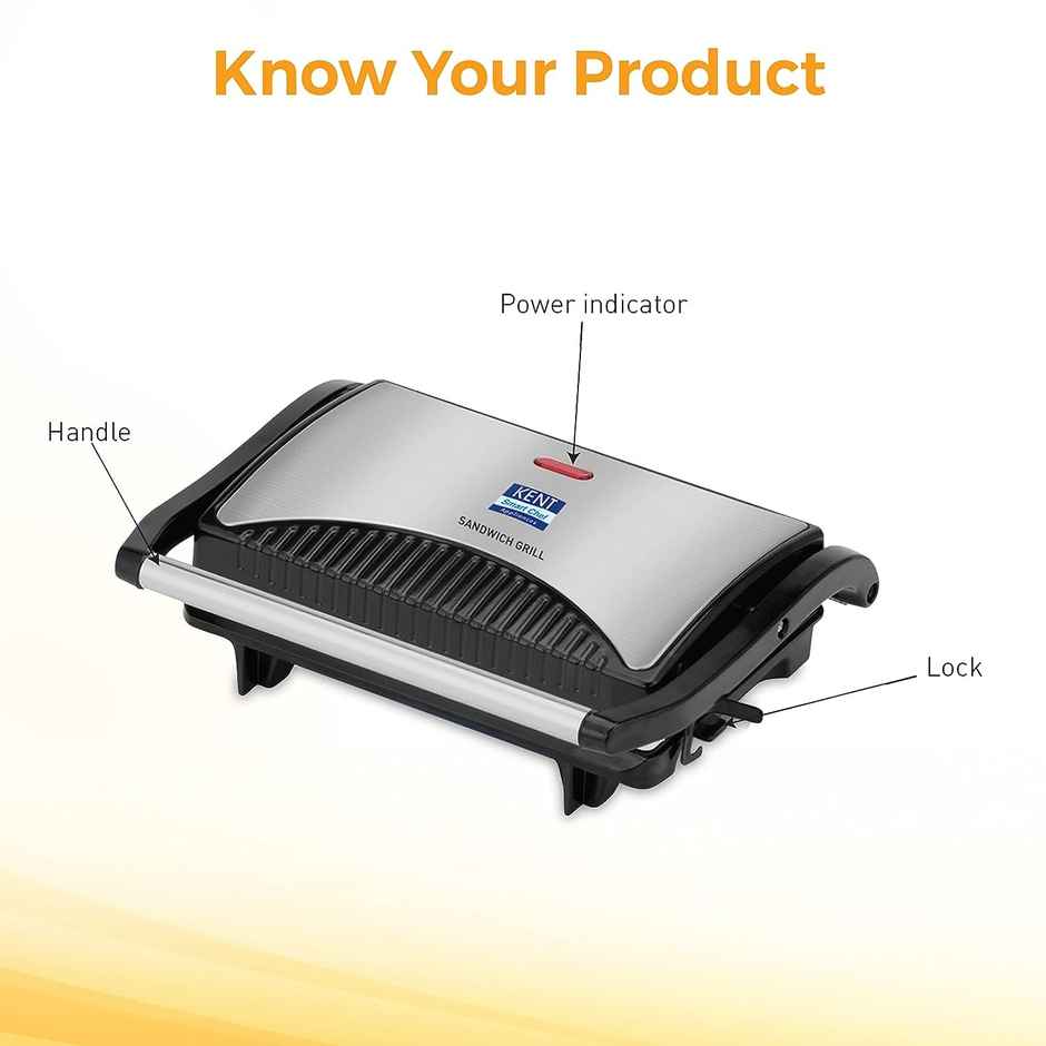 Kent 16025 Sandwich Grill 700W | Automatic Temperature Cut-Off With Led Indicator | Metallic Silver