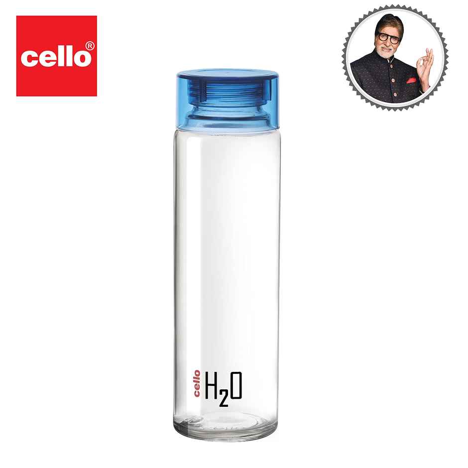Cello Glass H2O Fridge Water Bottle with Plastic Cap | Blue | 920 ml