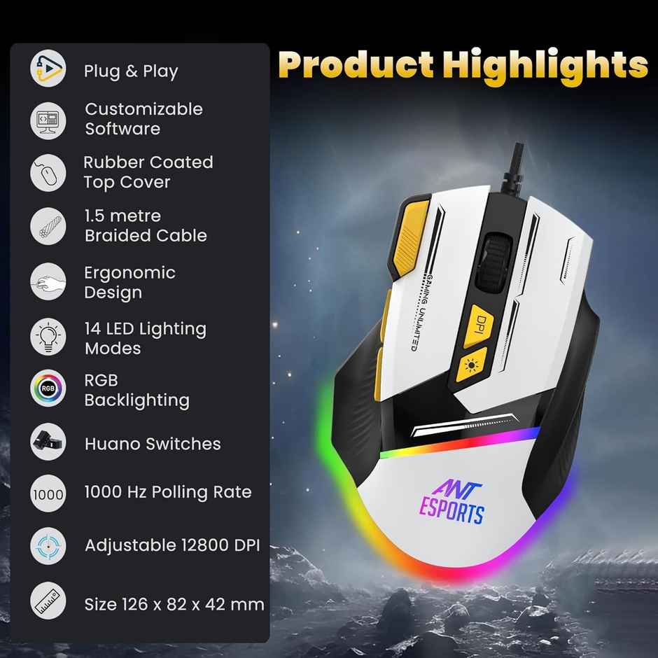 Ant Esports GM333 RGB Wired Ergonomic Gaming Mouse With 1.5M Braided Cable -Black,White,Yellow