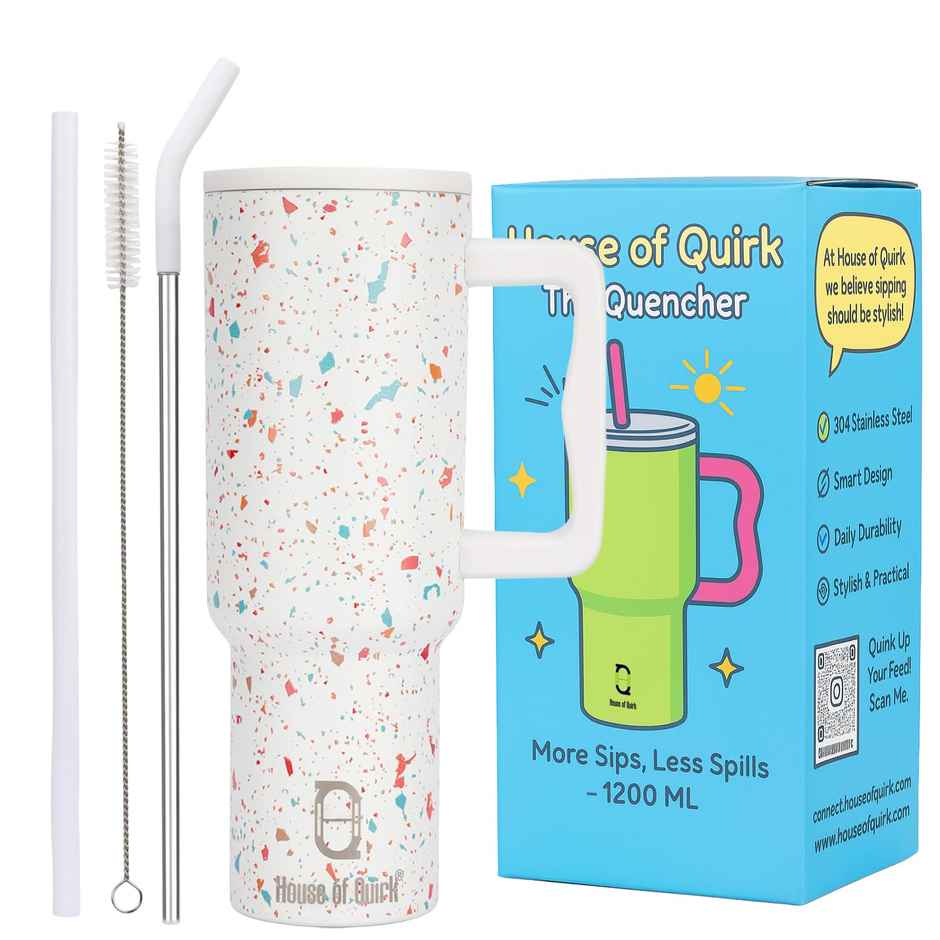 House of Quirk Stainless Steel Tumbler with Handle & Lid, 2 Straws | Cream Paint - 1200 ml