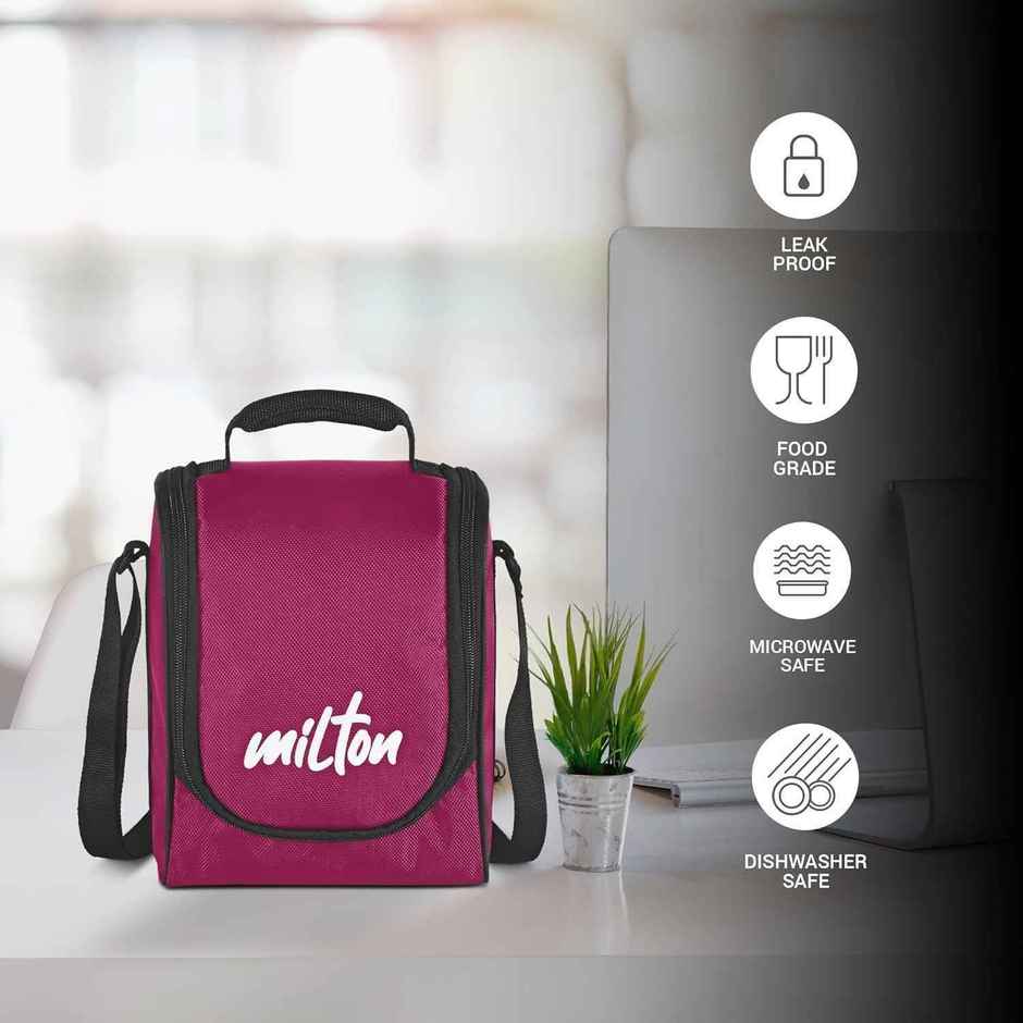 Milton Pro Lunch Box (3 Inner Steel Containers, 1 Plastic Dabba, Bottle, & Spoons) With Bag, Maroon