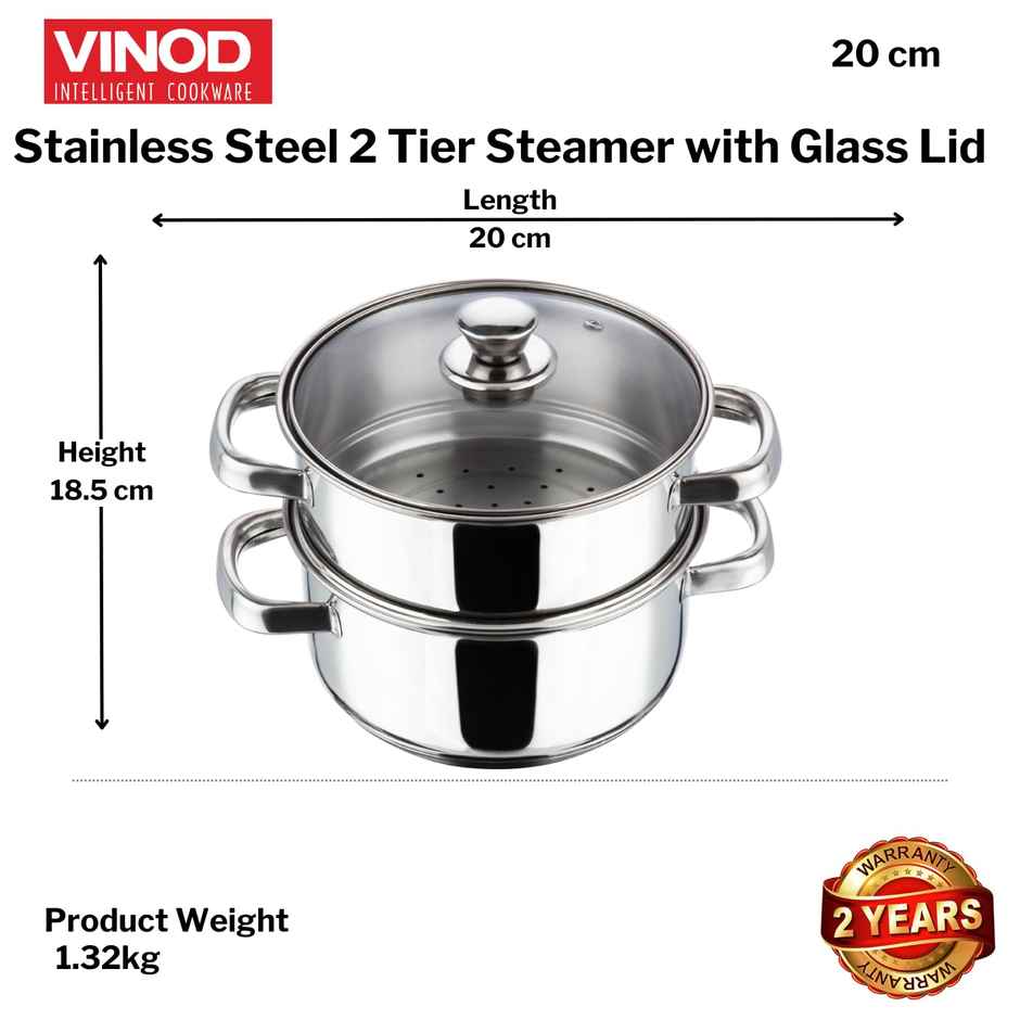 Vinod Stainless Steel 2 Tier Steamer With Glass Lid - 20 Cm (Induction Friendly)
