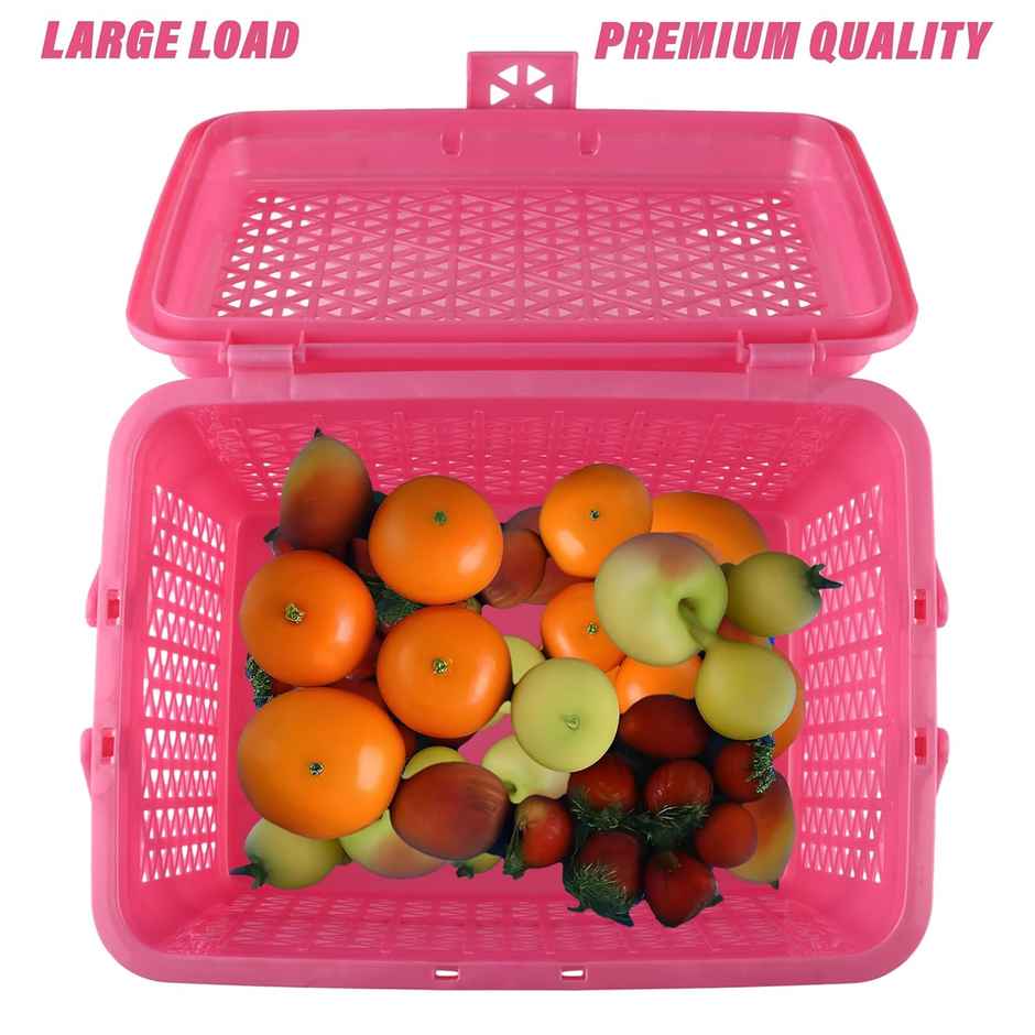 Kuber Industries Plastic Multipurpose Trendy Shopping Big Basket with Lid (Pink)
