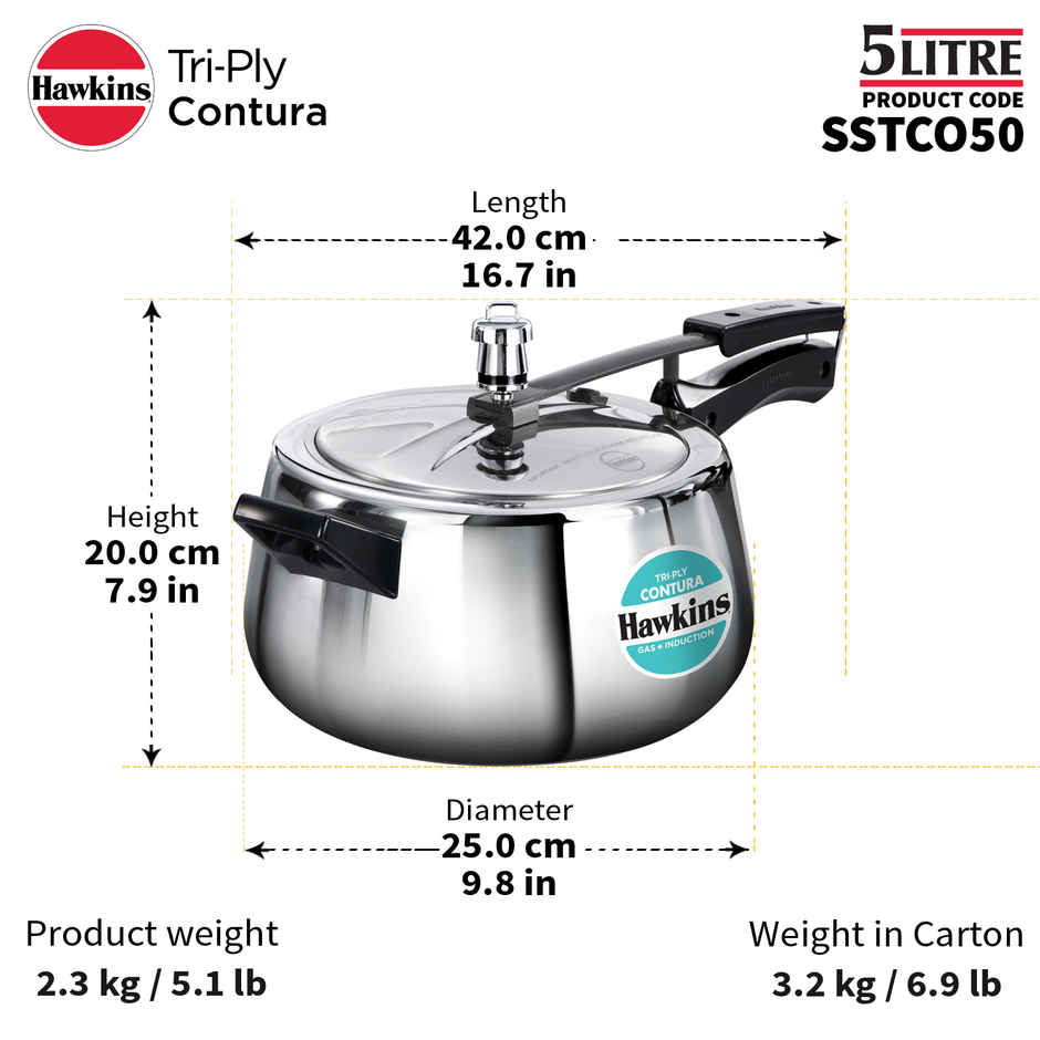 Hawkins Triply Contura Pressure Cooker | 5 L | Silver | SSTCO50