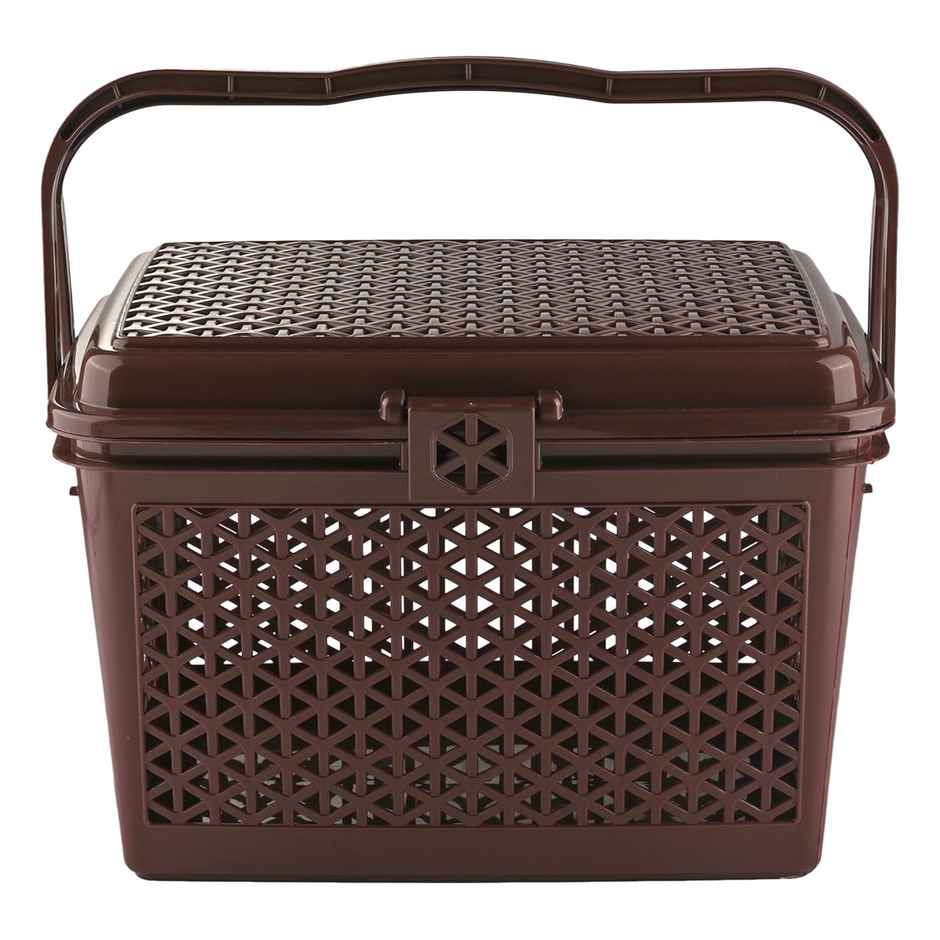 Kuber Industries Plastic Storage Basket with Handles & Lid 30x41x28 cm | Big Bin | Brown