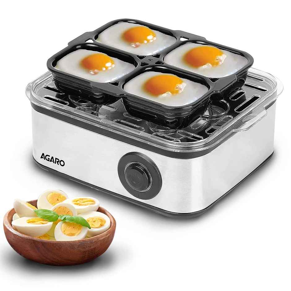 Agaro Grand Egg Boiler And Poacher, 500W, 2-in1 Boils 8 Eggs, Poach 4 Eggs, Steamed Vegetables, 3 Boiling Modes, Stainless Steel Body - Silver