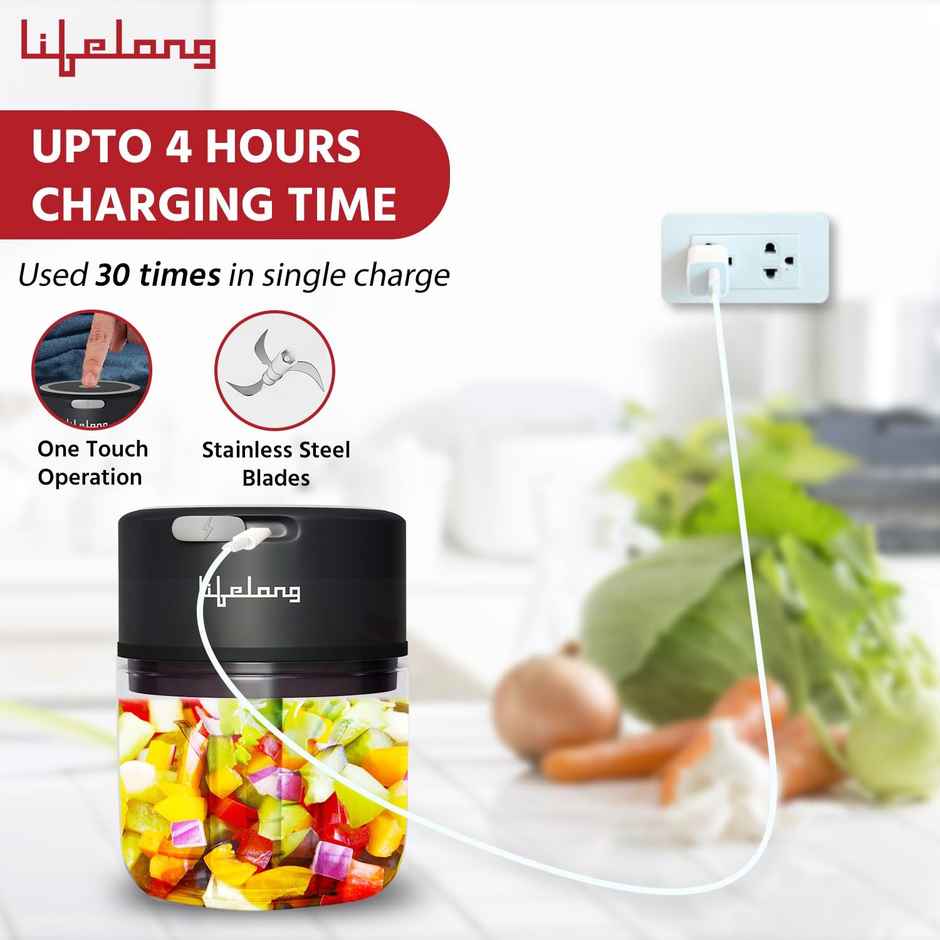 Lifelong 30 Watts USB Rechargeable Wireless Electric Chopper, 250 ML, with Stainless Steel Blades for Onion,Garlic,Vegetables,Nuts,Meat - Black