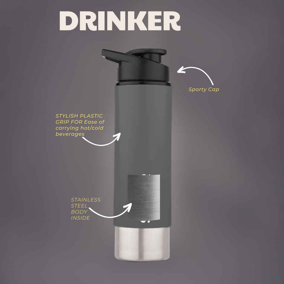 Sugar Homeware Ecopack Stainless Steel Sipper Sports Water Bottle | 800 ml - Grey