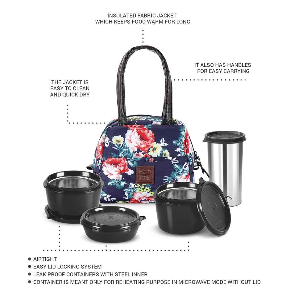 Milton Floret Tiffin 3 Microwave Safe Inner Steel Containers & Tumbler 415Ml With Bag | Navy Blue
