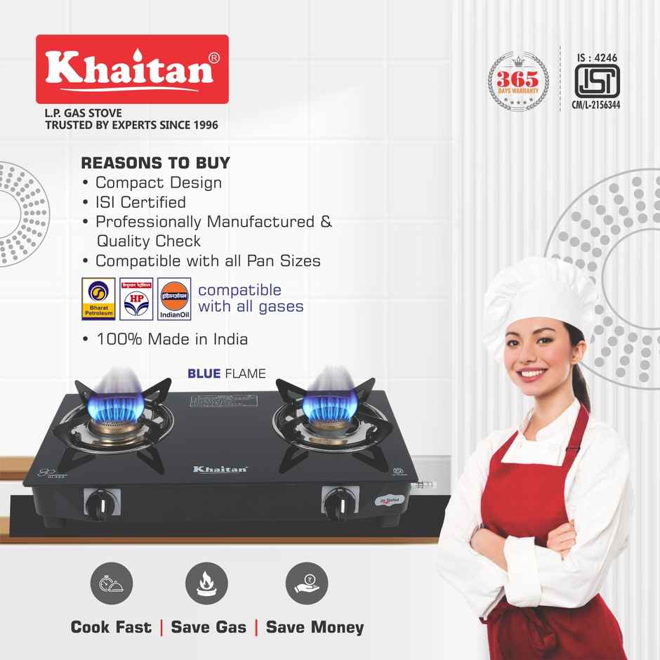 Khaitan 2 Burner Nano Premium Toughened Glass | LPG Cooktop I Manual Ignition Stove | Black