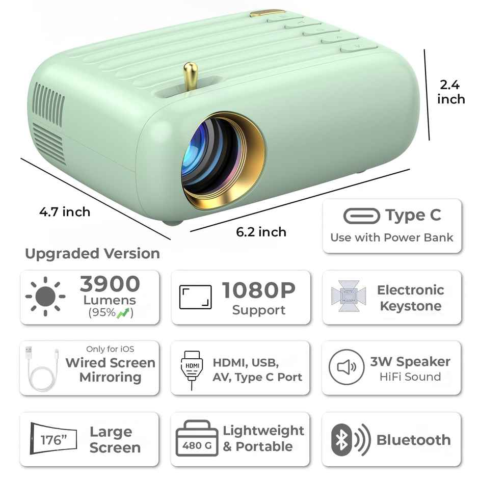 WZATCO Pixel Plus | Portable LED Projector | Native 720p Full HD 1080P Support | Electronic Keystone | Power via Powerbank | 3900 Lumens | 176" Max Screen | Home & Outdoor Cinema | Bluetooth - Green