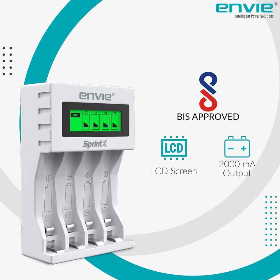 Envie (ECR11MC) SprintX Ultra Fast Battery Charger for Rechargeable Batteries AA & AAA Ni-mh, with LCD Display Indicator, Smart Charge Control System, Charge 2 or 4 Batteries at a Time
