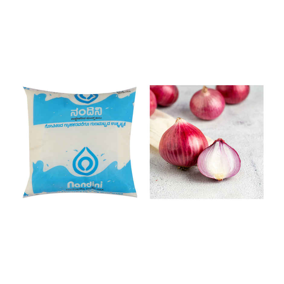 Nandini Fresh Toned Fresh Milk (Pouch Blue)(1pc) & Onion(1pc) Combo