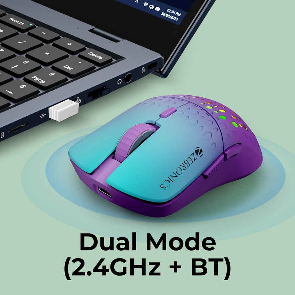 Zebronics Marine Wireless Mouse With Rechargeable Battery, Bt + 2.4Ghz, 6 Buttons, 4 Dpi (Purple)