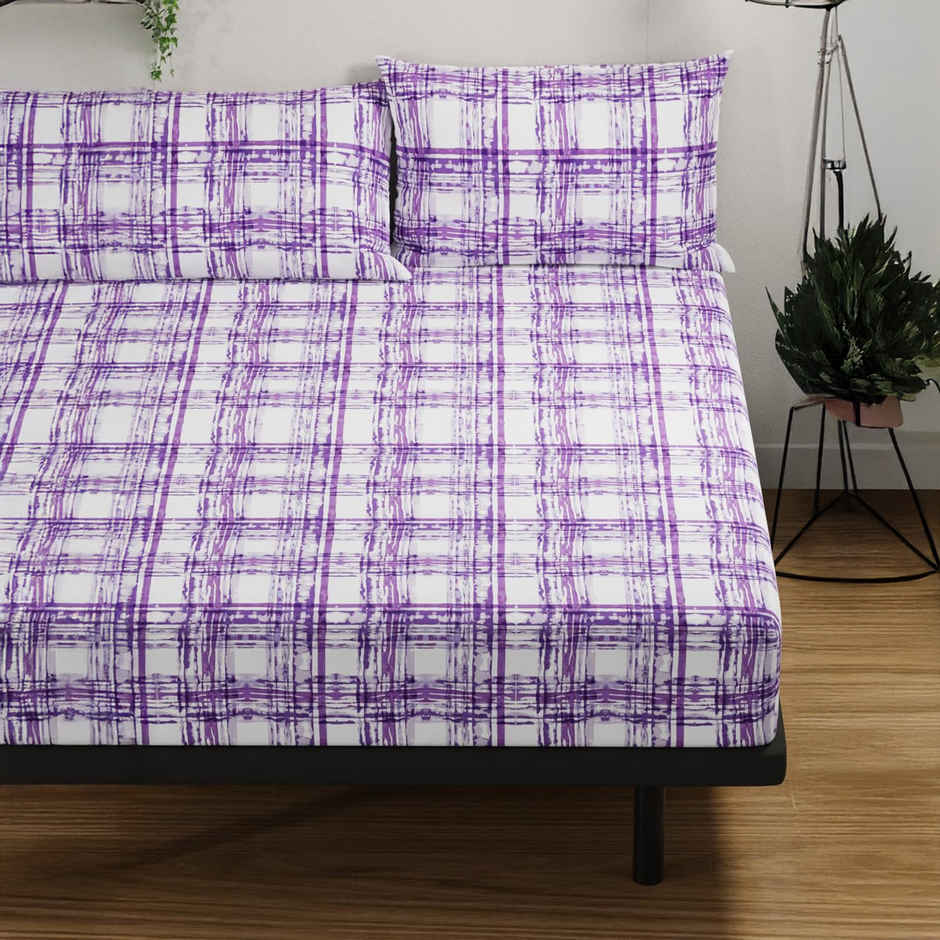 Bianca 100% Pure Cotton Double Bedsheet With 2 Pillow Covers | Set of 3 | Platinum Checks | Violet