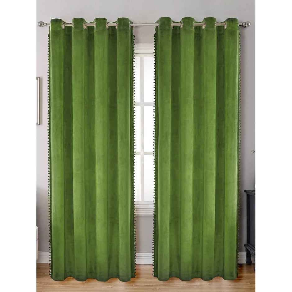Stitchnest Smooth Textured Green Velvet Semi Sheer Curtains | Door-7 Feet x 4 Feet