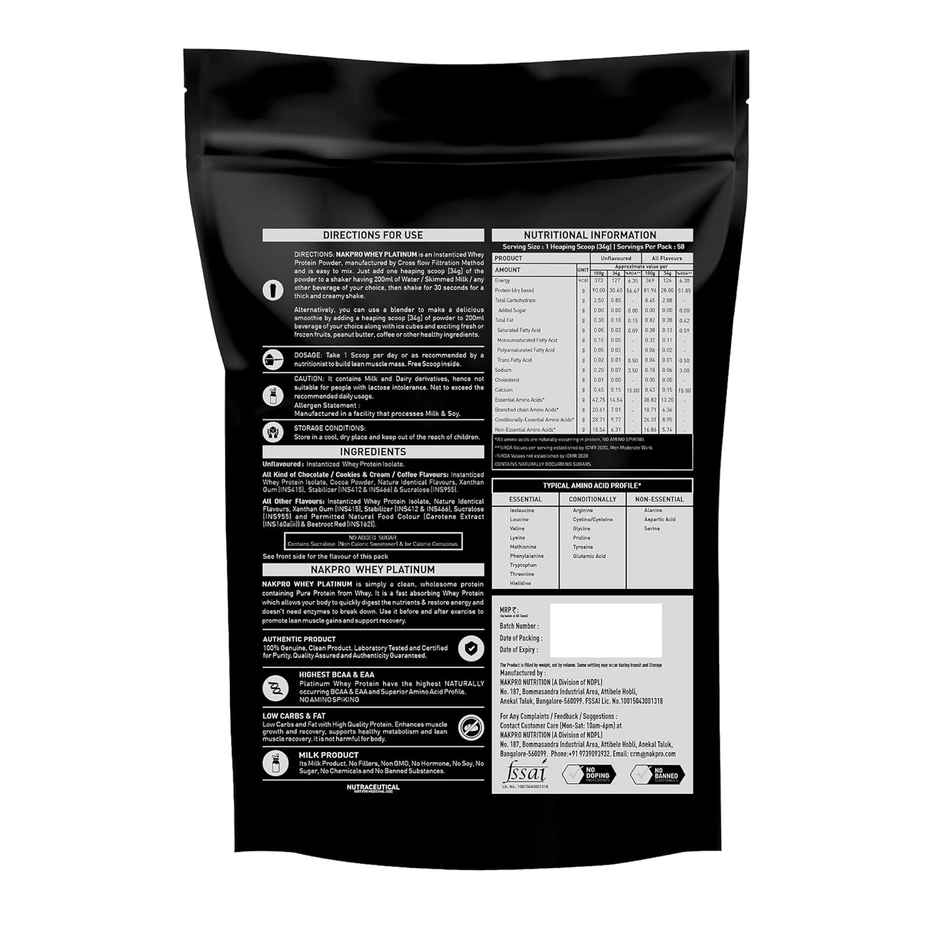 Nakpro Platinum Whey Protein Isolate 90% 2Kg Unflavoured 31G Protein 7G Bcaa