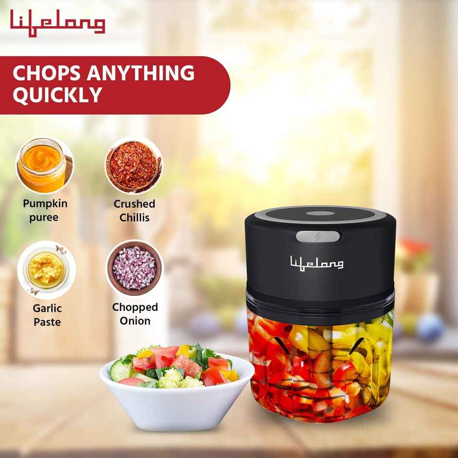 Lifelong 30 Watts USB Rechargeable Wireless Electric Chopper, 250 ML, with Stainless Steel Blades for Onion,Garlic,Vegetables,Nuts,Meat - Black