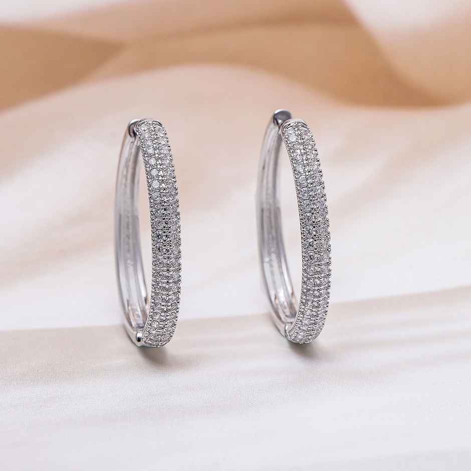 Rubans Rhodium Plated Sparkling Cubic Zirconia Studded Hoop Earrings