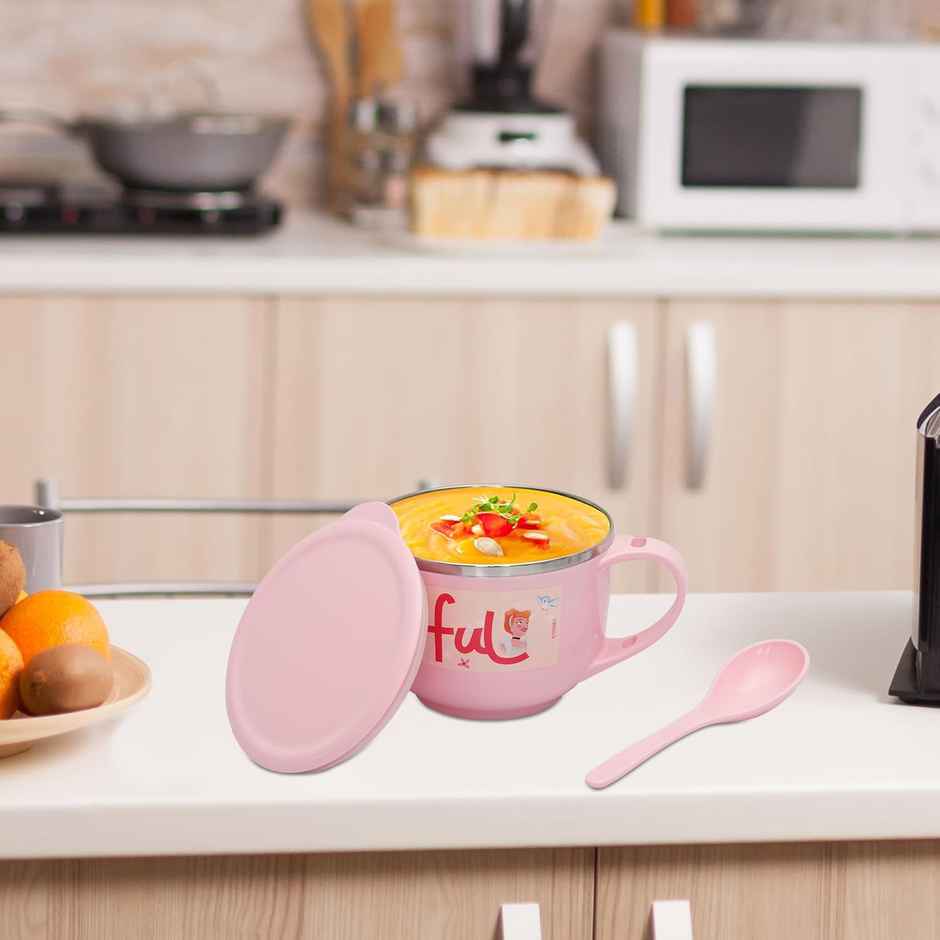 Jaypee Plus Stainless Steel Disney Princess Souptok Prime Soup & Noodles Bowl With Lid Spoon, Pink