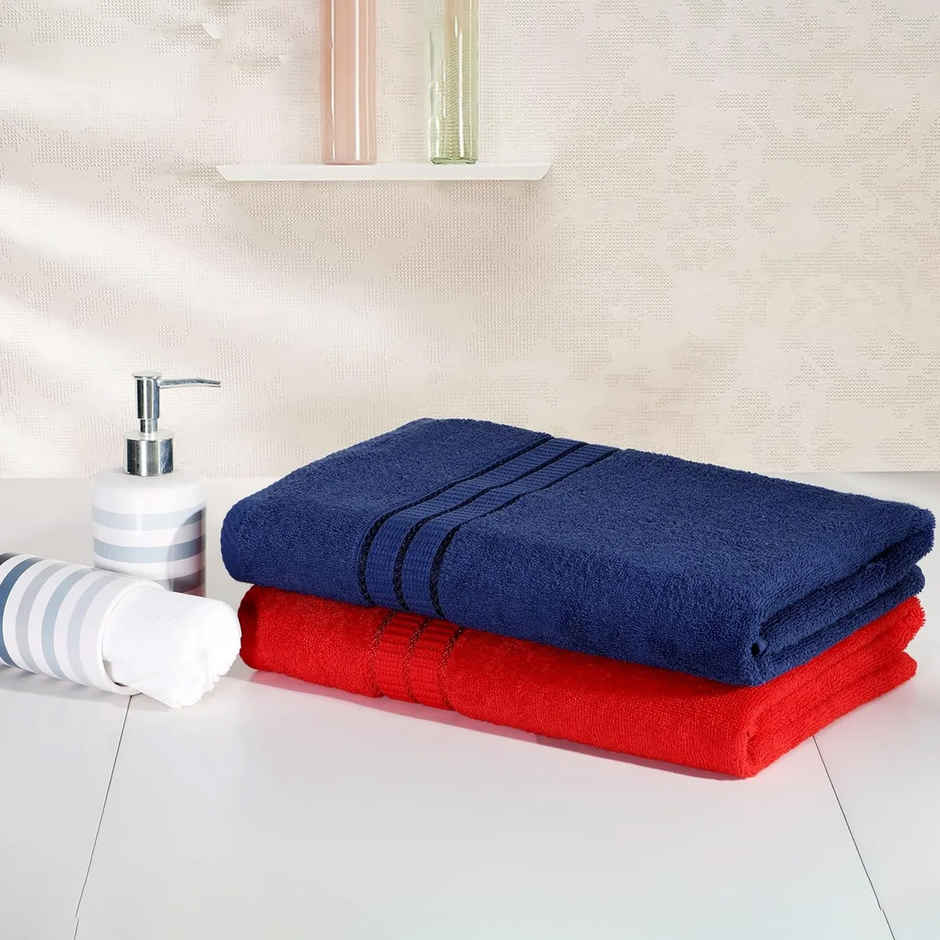 Superspun 100% Cotton- 420 Gsm- Vodre- Two Piece Set- Bath Towel- Size:70 x 140 - Navy Blue & Red