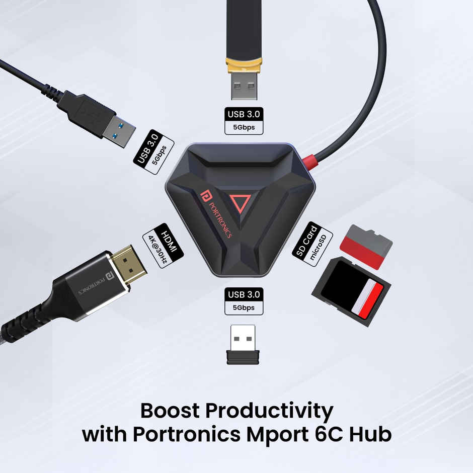 Portronics Mport 6C, 6-In-1 Type C Hub - Black