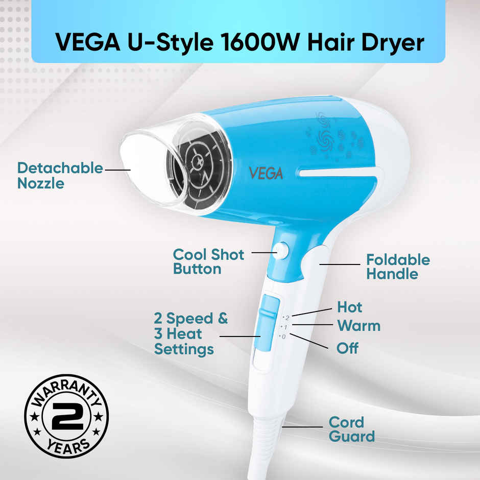 Vega U-Style Foldable Hair Dryer | 1600W | 2 Speed & 3 Heat | Cool Shot | VHDH-32