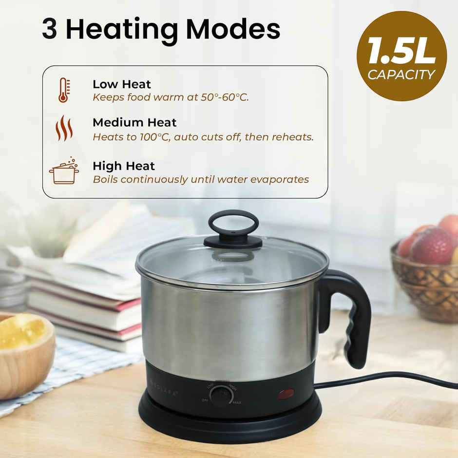 Solara Multipurpose Electric Kettle 1.5 Litre, Stainless Steel Body With Glass Lid- Black
