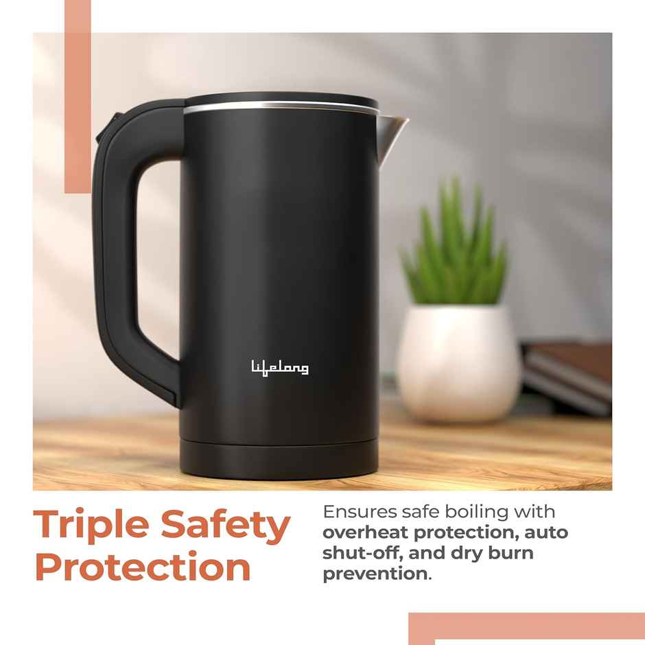 Lifelong Electric Kettle, 600W Cool Touch 2 Cups Auto Shut-Off, Stainless Steel Body |Black - 0.8 L