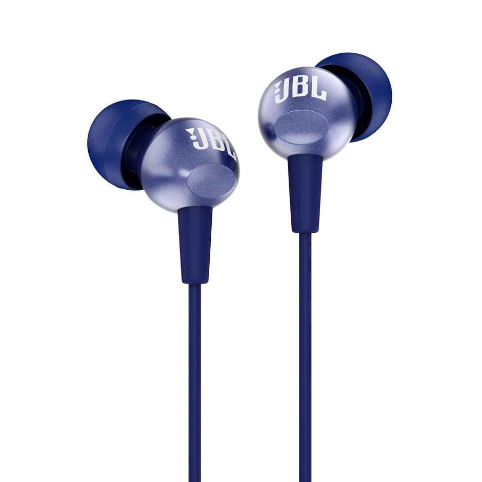JBL C200SI, Premium in Ear Wired Earphones with Mic, 3.5mm Audio Jack, Signature Sound, One Button Multi-Function Remote, Premium Metallic Finish, Angled Earbuds for Comfort fit - Blue
