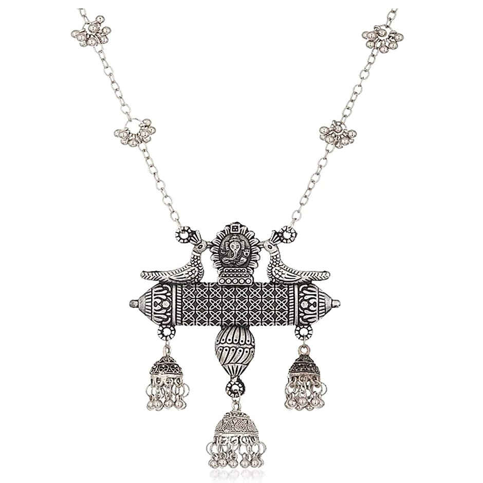 Shining Diva Fashion Oxidised German Silver Afghani Earrings Chain Necklace Set for Women | 12013s