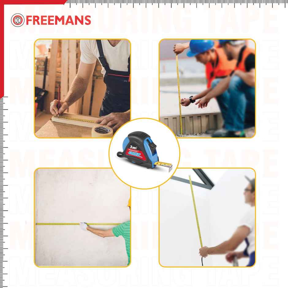 FREEMANS Gripp Steel Measuring Tape | 3m | Blue | Rubberized ABS Case | Pause Button