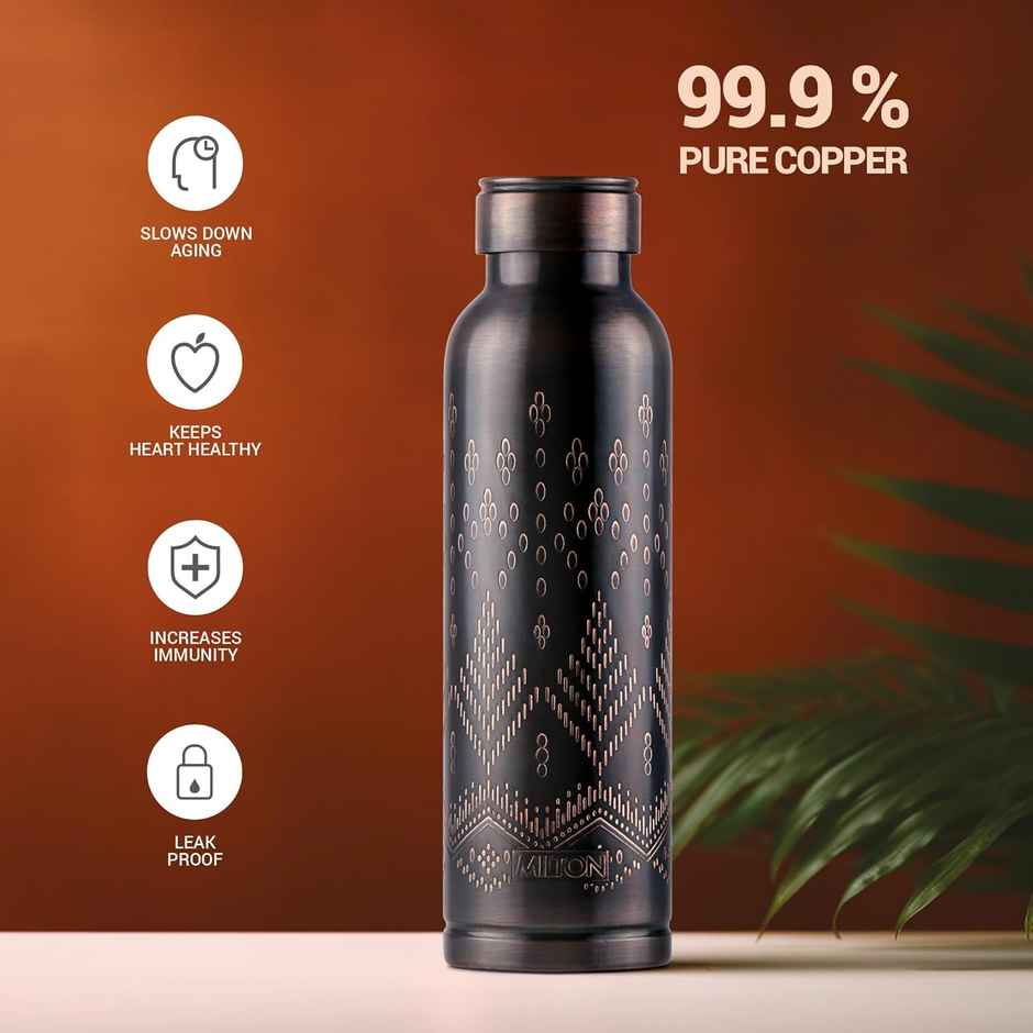 Milton Copper Swasth Water Bottle Ethnic Lacquer Coated | Black - 940 ml